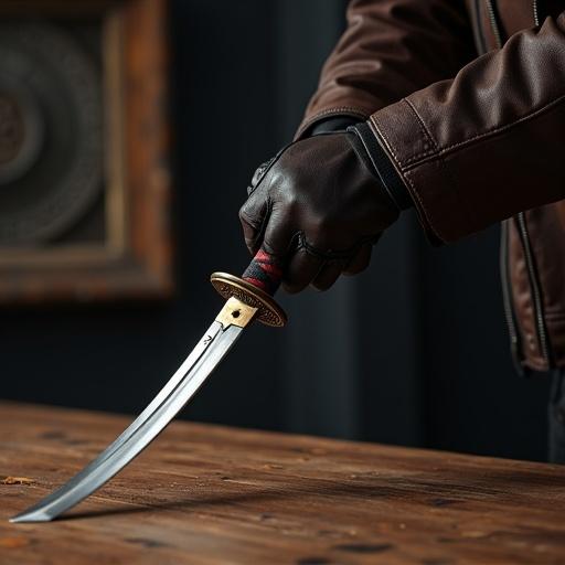 A man's arm is picking up a ninja sword from a table. The man wears a leather jacket and leather gloves. The perspective is from someone's point of view. The setting suggests a focus on the sword and the act of picking it up.
