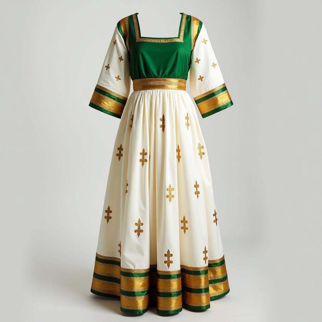 This image showcases a South Indian style gown that is both elegant and traditional. The dress is predominantly white, creating a flowy silhouette that adds grace. The chest area is a vibrant green with a square neck design. The sleeves are quarter-length and feature beautiful white and golden cross stripes. The gown is adorned with golden decorative elements, enhancing its cultural significance.