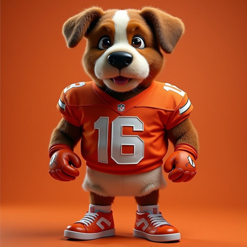 A cartoonish dog mascot representing a football team. Dog wears an orange uniform with the number 16. Vibrant orange background. Dog has a friendly expression and is in a confident stance.