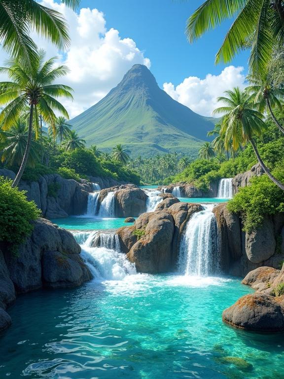 Tropical landscape featuring cascading waterfalls with turquoise water flowing into natural pools. Surrounding rocks are smooth and moss-covered. Lush greenery and palm trees frame the scene. A cone-shaped mountain rises in the background under a bright blue sky.