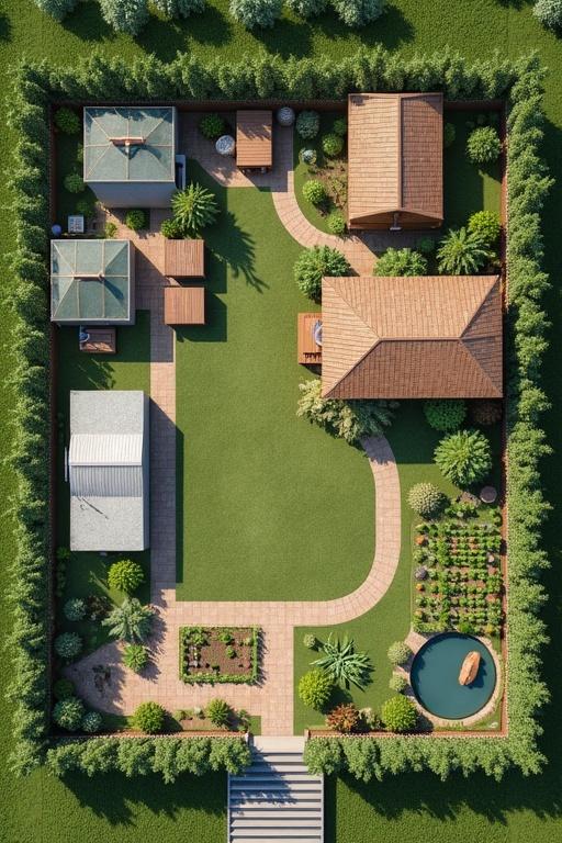 Layout of a 7000sqm plot with two wooden greenhouses, chicken runs, horticulture patch, fish tank, irrigation system, walkways, and perimeter fence.