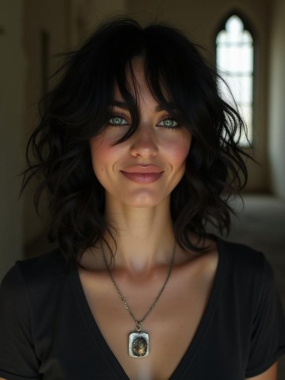 Candid selfie of a woman posing playfully. She has black hair and turquoise eyes. Smiling shyly with full lips. Wearing a t-shirt draped off her shoulders. Exposed in a dark room with gothic lighting.