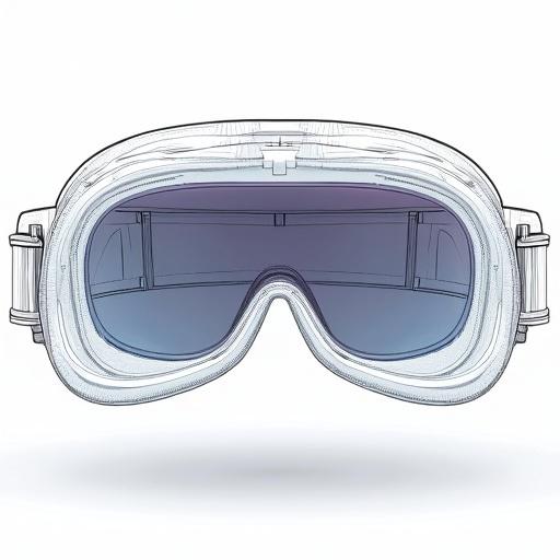 Technical drawing illustrating a lightweight VR AR sleep mask design. Mask dimensions 20cm x 10cm x 5cm weight less than 200g made of breathable fabric. Includes adjustable straps. Displays dual micro OLED screens with 1920x1080 resolution rendering 3D visuals. EEG sensors placed on inner surface contact forehead and temples. Integrated speakers or bone conduction transducers for binaural beats. Processing unit with AI software analyzing sleep data. Connectivity via Bluetooth to smartphone app. Powered by a lithium-ion battery with 8 hours capacity.