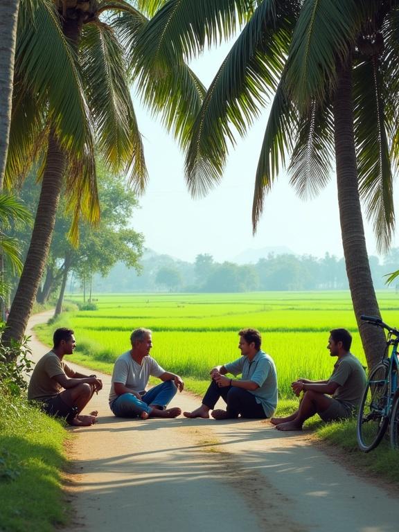 A group of rural men sitting relaxed under palm trees. They share stories and laughter beside a narrow road. A bicycle leans against a tree. Endless green paddy fields stretch into the horizon. Clear sky and peaceful atmosphere capture village life.