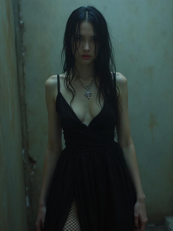 A goth woman stands in a dimly lit narrow corridor. She wears a flowing black dress and silver jewelry. Hair is wet and cascading. Fishnet stockings visible. The background has an oil texture. Light plays dramatically around her, creating shadows and highlights. Fog gently swirls at the base and tops of the walls. Portrait captures a striking visual reminiscent of film aesthetics.