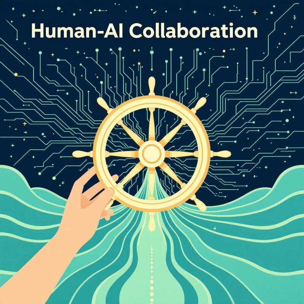 Abstract image symbolizing Human-AI collaboration. Central glowing steering wheel being gently guided by minimalist human hand. Opposite dissolving into intricate glowing circuit patterns. Background features multiple branching pathways resembling a star map. Clean flat vector illustration with limited color palette of cream, teal, and black outlines. Subtle grainy texture present.