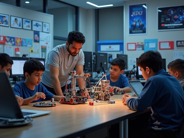 High-resolution image shows a modern school robotics lab in the evening. Egyptian boys aged 10-16 work in groups. The lab includes robotics kits, laptops, and 3D printers. An instructor guides students assembling a robot. Others are programming on screens. The room is well-lit and organized with technology posters. The atmosphere is energetic and focused, representative of an after-school robotics program in a private school.