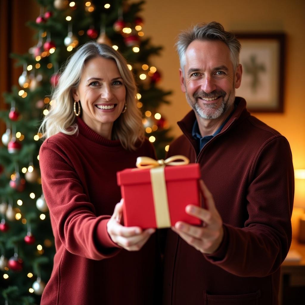 Middle-aged couple offering Christmas presents. Holding gift boxes in hands stretched forward. Smiling while looking at the gifts. Behind them is a beautiful Christmas tree with lights. Warm interior décor creates a joyful atmosphere.