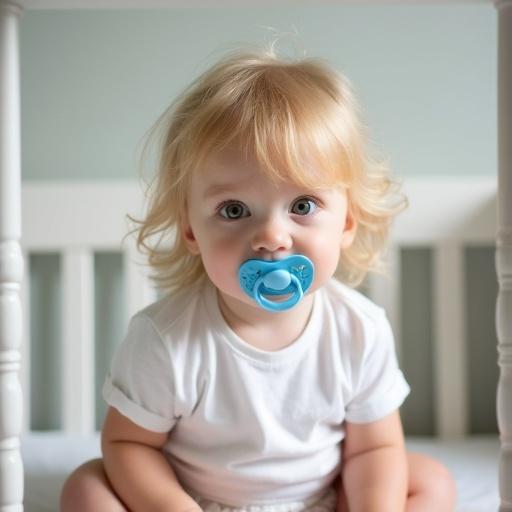 A toddler sits in a crib with a soft expression. The child has blonde hair, a blue pacifier, and wears a simple t-shirt. Natural light softly illuminates the scene.