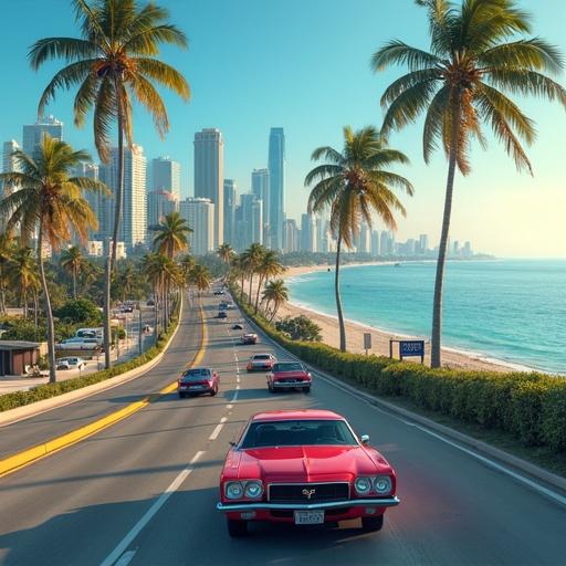 Cinematic view of Vice City in Leonida. Modern skyline with skyscrapers and retro cars on the highway. Palm trees line the coastal road. Bright blue sky.