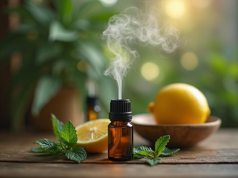 Still life featuring essential oils including peppermint and lemon with a diffuser. Steam is emanating from the diffuser. A hint of brain neurons is visible connected to reduced hunger signals.