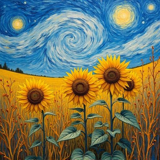 Sunflowers in a wild field depicted in Van Gogh style. Swirling blue clouds above. Intense expression of decay. Impasto oil technique used.