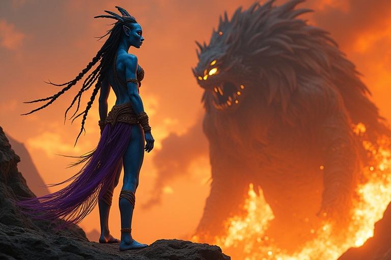 Kaari, a tall Na'vi female, stands on rocky ground facing the roaring Toruk. Her radiant blue skin and bioluminescent markings shine in the fire-lit sky. She wears woven bead garments and a vibrant purple loincloth. Her long braided hair sways gently as she remains calm, her golden eyes locked on the beast. Flames erupt around them as ash swirls in the air.