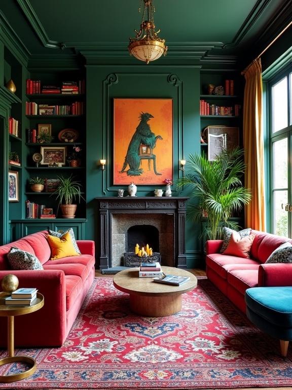 A bold and vibrant maximalist living room featuring rich jewel tones and layered patterns. Velvet sofas create comfort around a coffee table. A striking wall art displays a colorful bird. Bookshelves filled with decor and vintage furniture enhance interest. A statement rug anchors the space. Oversized plants add liveliness. Warm, dramatic lighting makes it inviting.