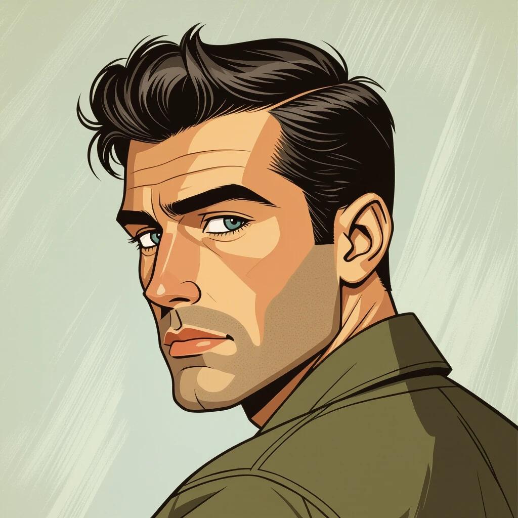 Portrait of a 33-year-old man looking over his shoulder. View from behind with dark brown hair and steel-gray eyes. The hairstyle is a slightly messy crew cut popular in France during the late 1950s. The style is semi-realistic with heavy outlines and photorealistic coloring.