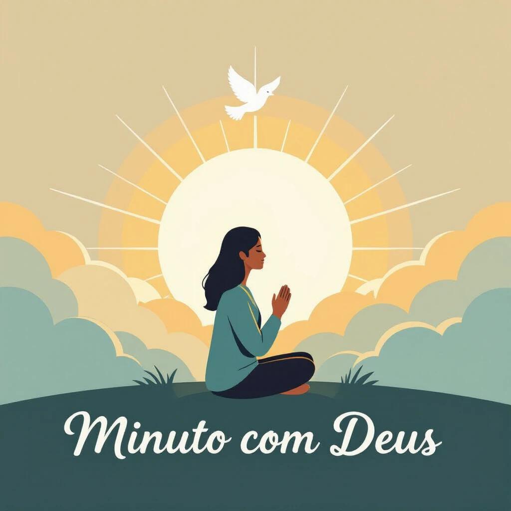 Circular logo styled image for a spiritual channel named Minuto com Deus. Soft illustration showing person with hands in prayer. Sitting quietly under glowing sunrise. Background with abstract soft clouds and divine rays. Include subtle white dove flying above. Design warm and minimalist with golden and soft blue tones. Text Minuto com Deus in elegant cursive at bottom.