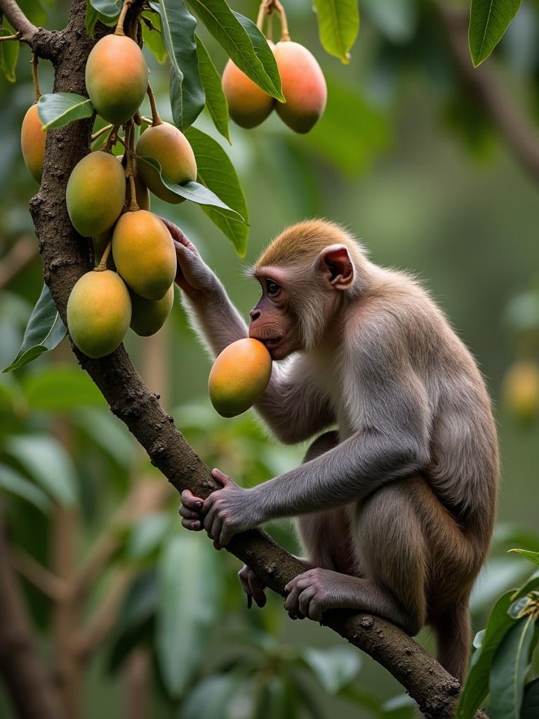 A monkey sits on a branch of a mango tree. The monkey reaches for ripe mangoes. The scene is set in a lush, green environment.