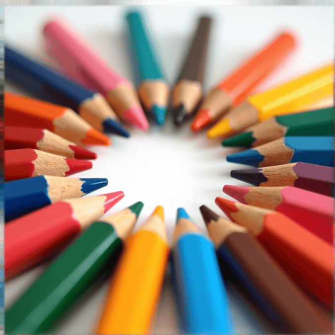 Colored pencils arranged in a circle with their tips pointing inward on a white surface.