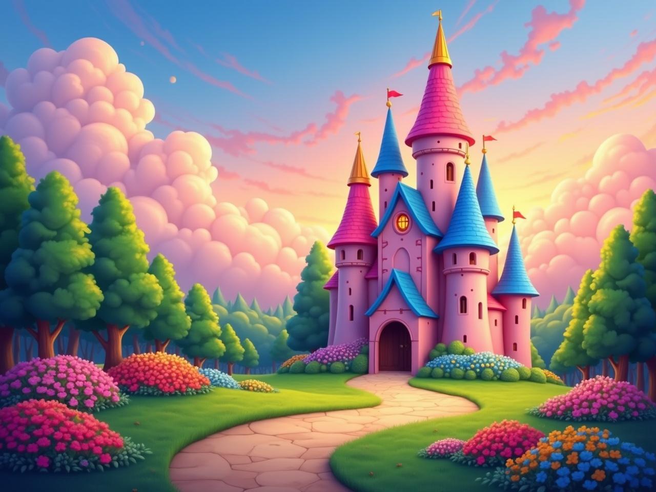 The image depicts a vibrant, whimsical castle surrounded by colorful gardens. The castle features multiple towers, with a pink and blue color scheme, and a golden spire atop one of the towers. Fluffy clouds fill the sky, illuminated by the warm hues of a sunset in the background. Lush greenery and flower beds in various colors add to the enchanting atmosphere of the scene. A winding path leads to the castle, inviting viewers to explore this fairy tale setting.