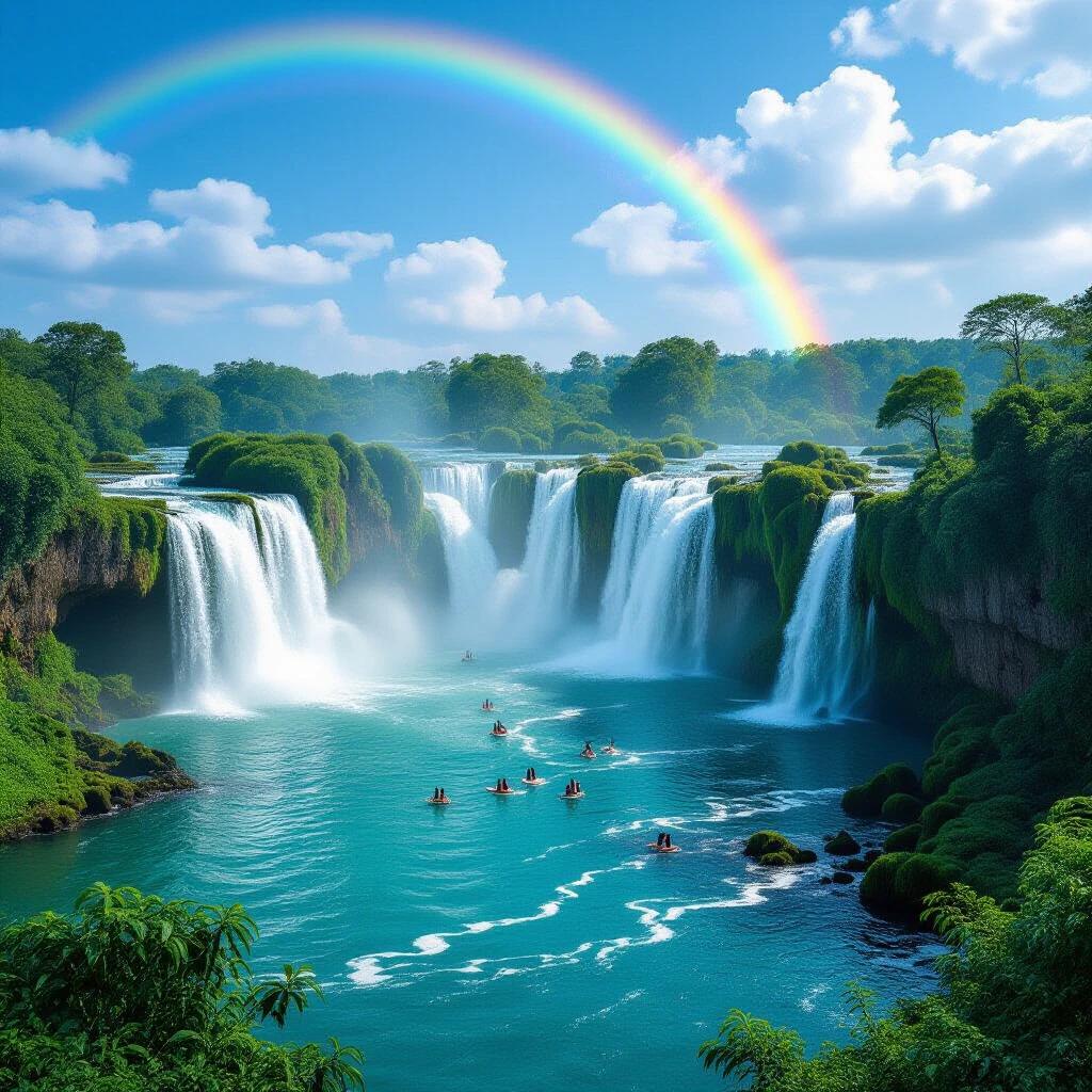 Waterfall surrounded by lush greenery. People enjoying the landscape. A rainbow arches over the scene. Bright, sunny day. Cool blue water flows beneath the falls.