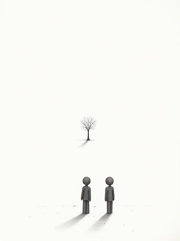 Two stickmen in a white void observe an ambiguous object. One suggests it is a tree; the other says it is a person. The style is minimalist in black and white. The mood is calm with soft shadows.