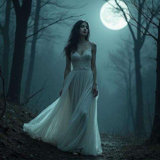 A beautiful woman stands in the woods under a full moon. She wears a tattered wedding dress and has crimson eyes and sharp fangs. Her pale skin glows in the moonlight. The dress flutters as she walks towards the camera and disappears in mist.