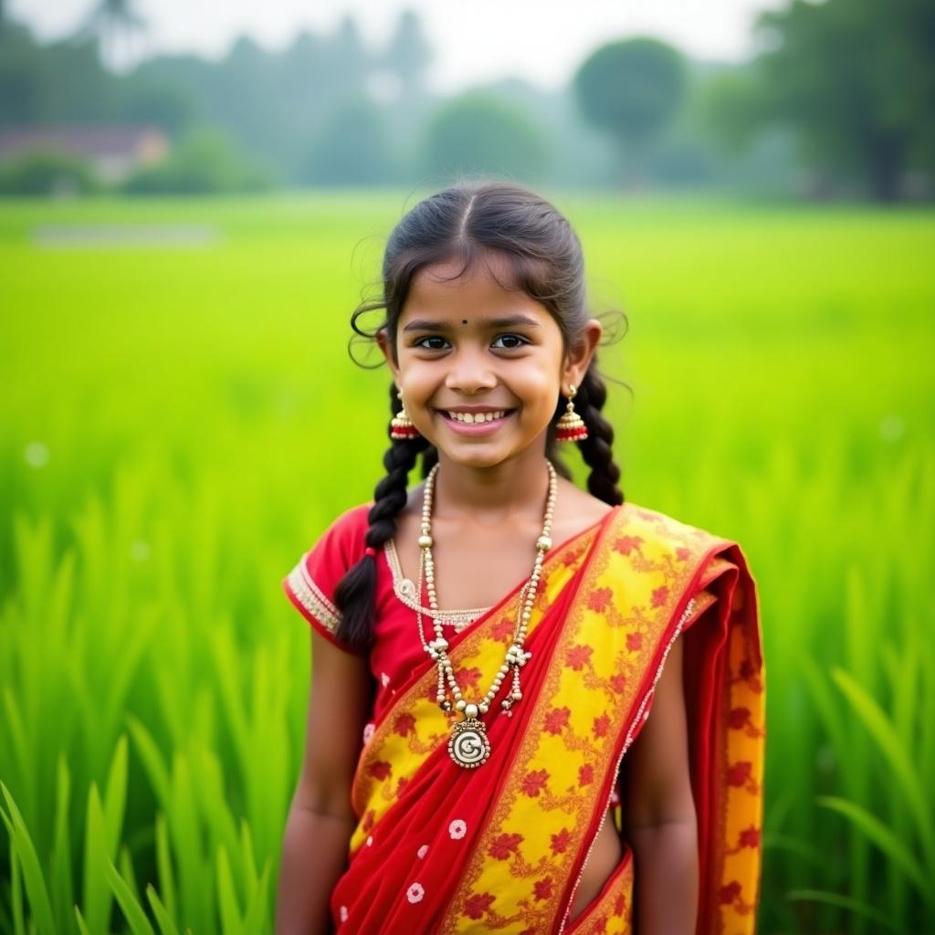 A young girl smiles in a green field. She wears a red and yellow sari and matching jewelry. The background is blurred featuring lush greenery. The scene conveys a sense of joy and innocence.