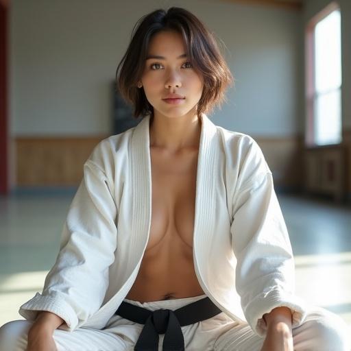 Young woman sits in a bright modern dojo. She has a short hairstyle and pale skin. She is wearing a worn out karate gi opened at the front. The gi reveals stunning abs. The woman poses casually and confidently. A slight smile appears on her face. The image has a front view perspective. Natural light fills the dojo. The style is photo-realistic with high detail and a fashion photo look.