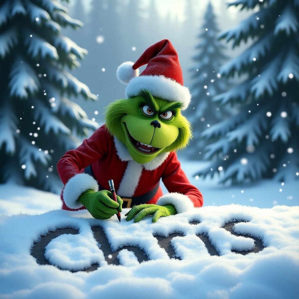 Image shows Grinch wearing Santa suit writing name Chris in fresh snow. Snow is gently falling. Scene is surrounded by tall snow-covered trees. Grinch has a cheerful expression. Captures holiday charm and magic.