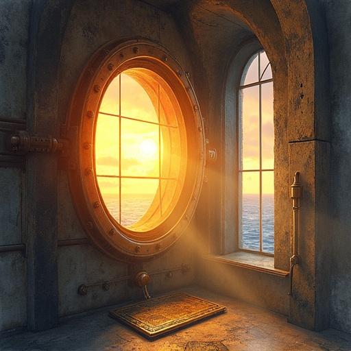 Inside a lighthouse lantern room at dawn. Massive glass lens glows with warm light. Rays slice through misty air with dust particles. Gears and brass fittings surround the lamp. Sea glows below through curved windows. Epic watercolor painting with soft gradients. Nostalgic and majestic tone.