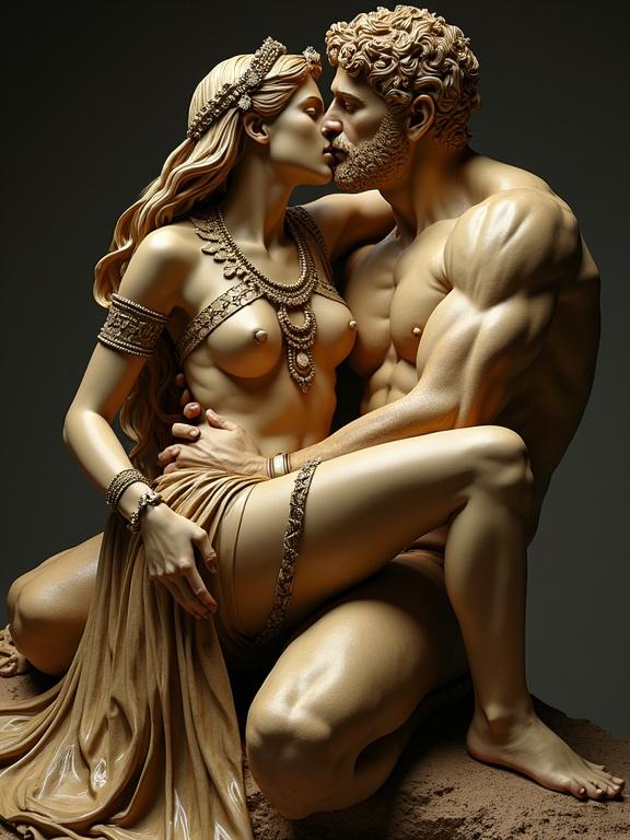 A 3D ultrarealistic statue captures the moment of Cleopatra embracing Hercules. The statue is titled "Cleopatra embracing muscled Hercules 69 Laying Down Night Edition." Vibrant details reveal muscle definition and intricate jewelry. The focus remains on the sensual embrace and artistry. Textures in the clothing and figures enhance realism.