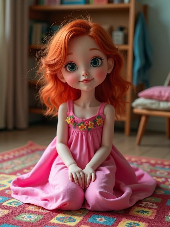 Redhead doll sits on a colorful rug. Doll wears a pink dress. Focus on playful features and vibrant surroundings.