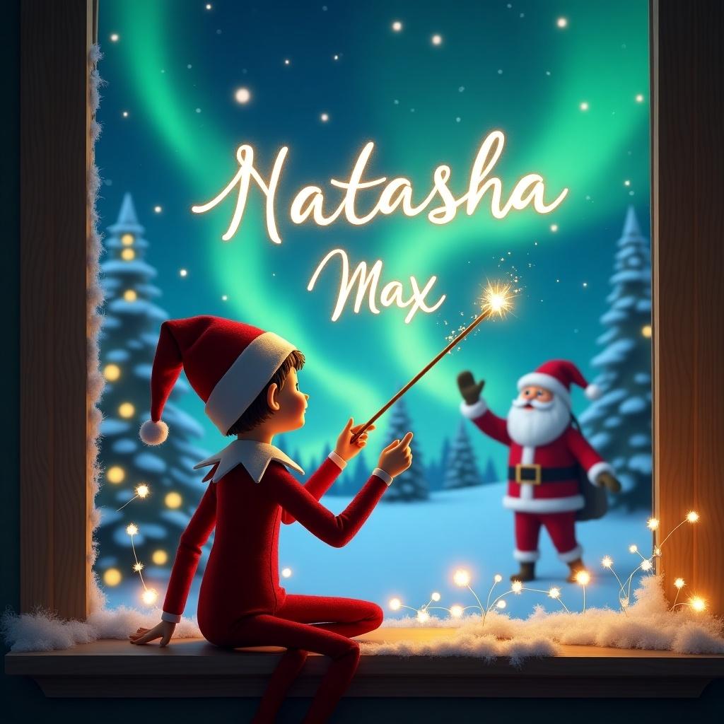 The image features an elf on the shelf, sitting with his back turned to the viewer, gazing up at a magical Christmas sky. He is using a wand to elegantly write the names 'Natasha' and 'Max' in the air. The background is a breathtaking display of the Northern Lights, creating a magical atmosphere. In the distance, Santa Claus can be seen, adding to the holiday charm. The scene is filled with festive decorations, evoking feelings of joy and wonder during the Christmas season.