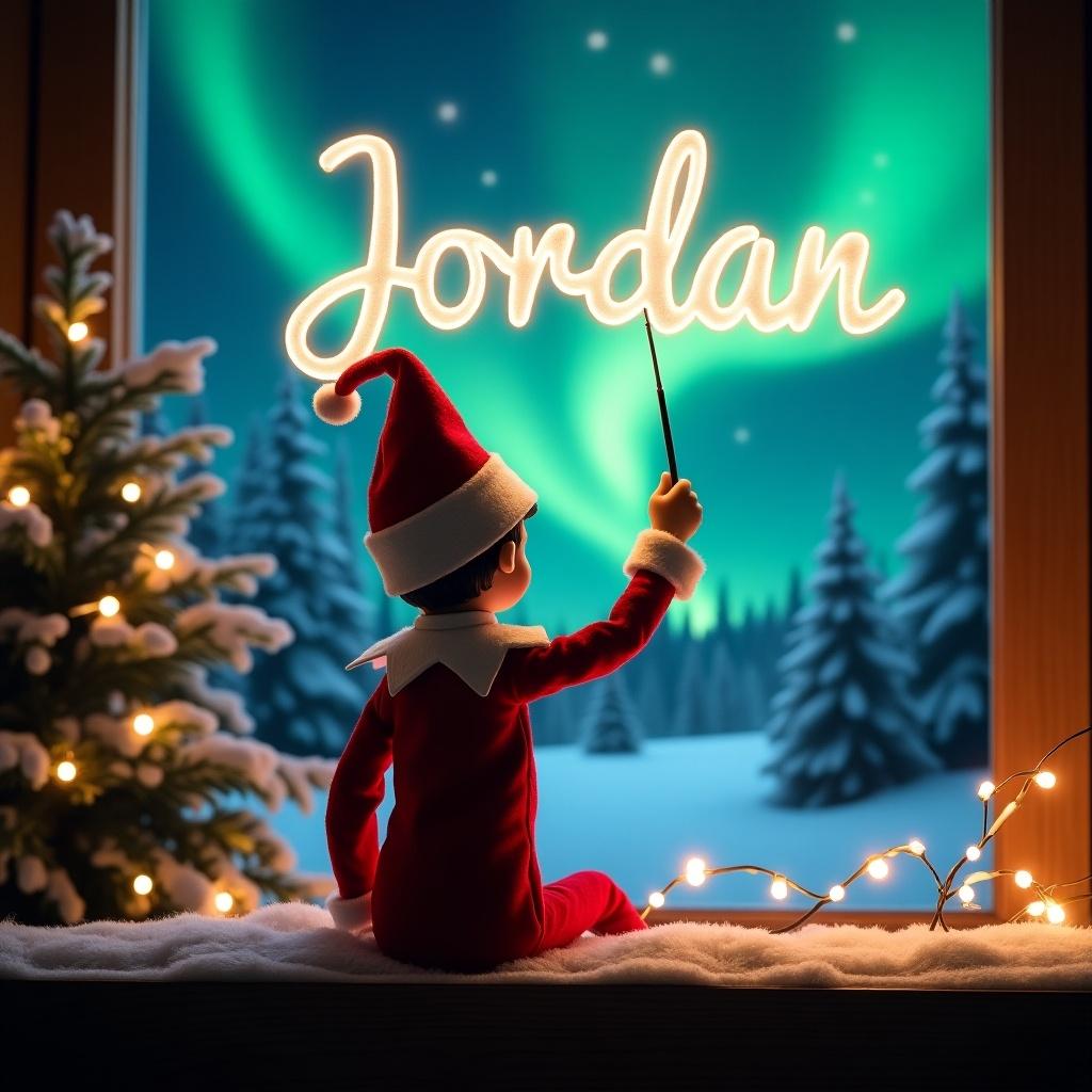 Enchanting Christmas scene with an elf writing in the sky. Elf facing away, wearing red and white. Magic wand in hand. Backdrop features northern lights. Scene is festive and whimsical. Sense of wonder and excitement for the holiday season.