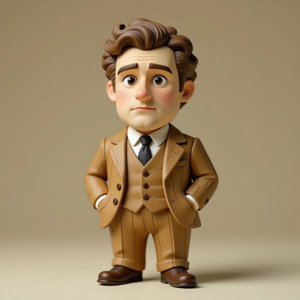 A stylized intricately detailed figurine of a man. The subject is light-skinned middle-aged. He has an exaggerated cartoonish appearance. His expression is serious. His hair is curly and light brown. He is wearing a light brownish-tan suit jacket vest and pants with a dark tie. The clothes have a textured aged look reminiscent of wood grain. He's positioned in a central upright pose facing the viewer directly. His body type is stout and rounded. His eyes are large and expressive. The background is plain off-white. The lighting is even highlighting the figure's clothing and details. The color palette is muted earth tones light brown tan and shades of gray. The style is detailed hand-crafted sculpture with a whimsical or surreal touch. The figurine is meticulously detailed focusing on texture and expression.