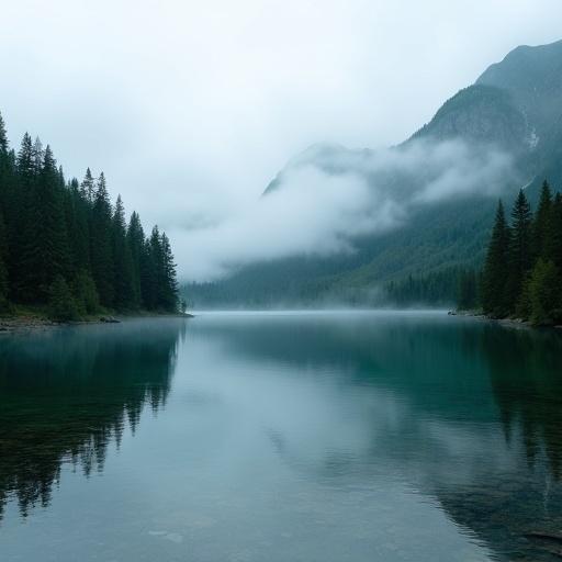 Tranquil mountain lake surrounded by lush evergreen forests under a misty sky.