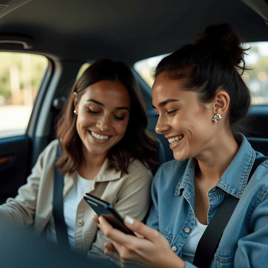 Two women in a car share a happy moment while looking at a phone together.