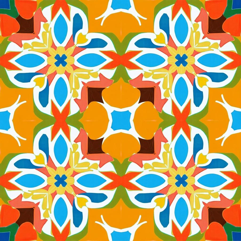 Pattern features colorful geometric shapes. Design includes symmetrical arrangements. Colors are vibrant and diverse. Shapes are abstract and fluid.