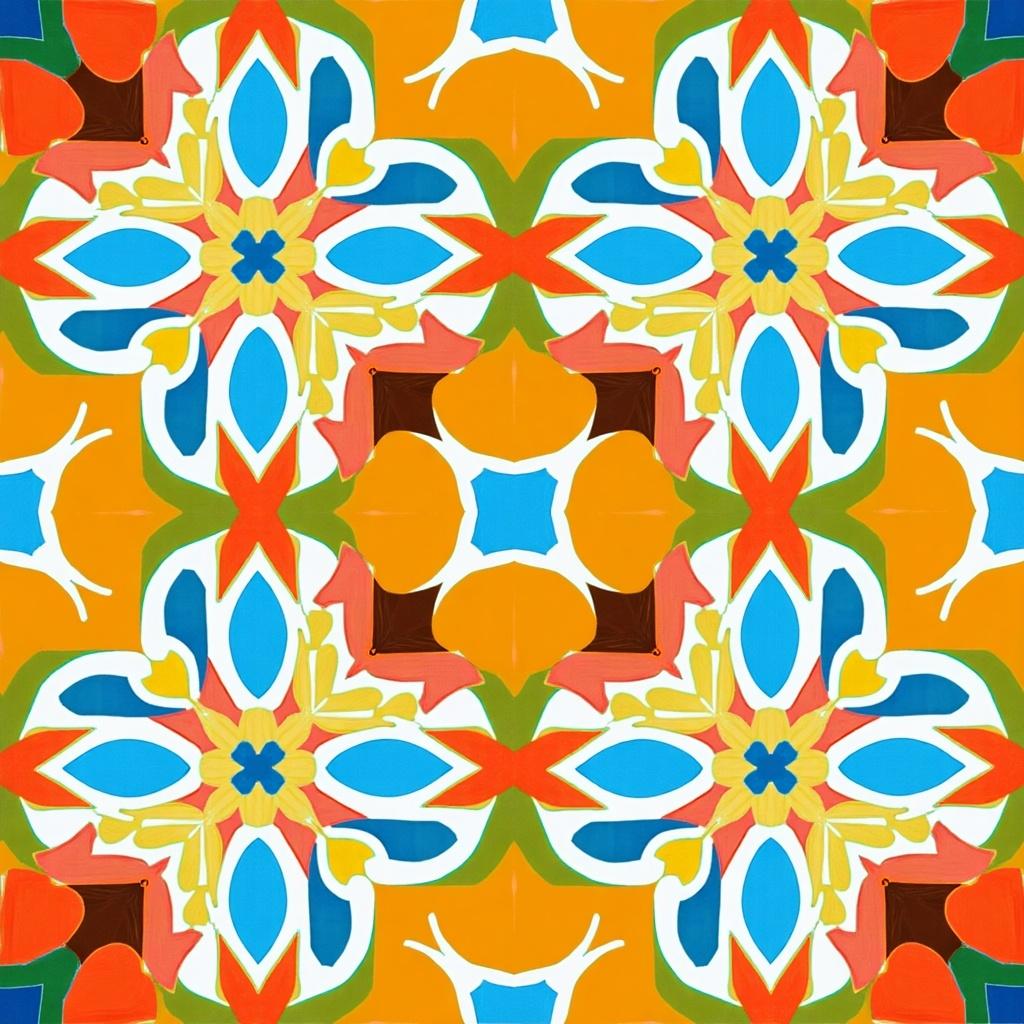 Pattern features colorful geometric shapes. Design includes symmetrical arrangements. Colors are vibrant and diverse. Shapes are abstract and fluid.