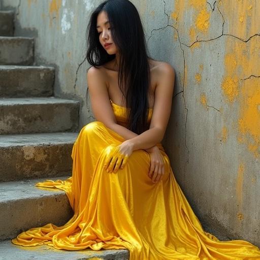 A woman with long black hair sits gracefully on stone steps wearing a golden-yellow gown. Gown flows like liquid paint with dramatic folds and drips. Background features cracked concrete wall with peeling paint. Soft golden-hour lighting enhances the scene. Focus on elegant posture and emotional weight.