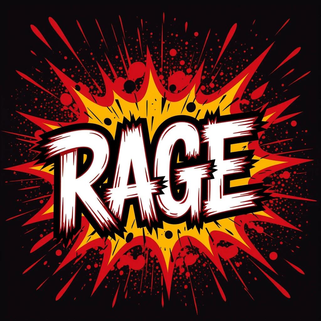 A chaotic graphic featuring the word RAGE. Typography bursts with fiery reds and blacks. Letters are sharp and jagged. Intense emotions of anger and frustration are visually conveyed. The design includes dynamic brush strokes and splatters. Overall an energetic and aggressive composition with a street art vibe.