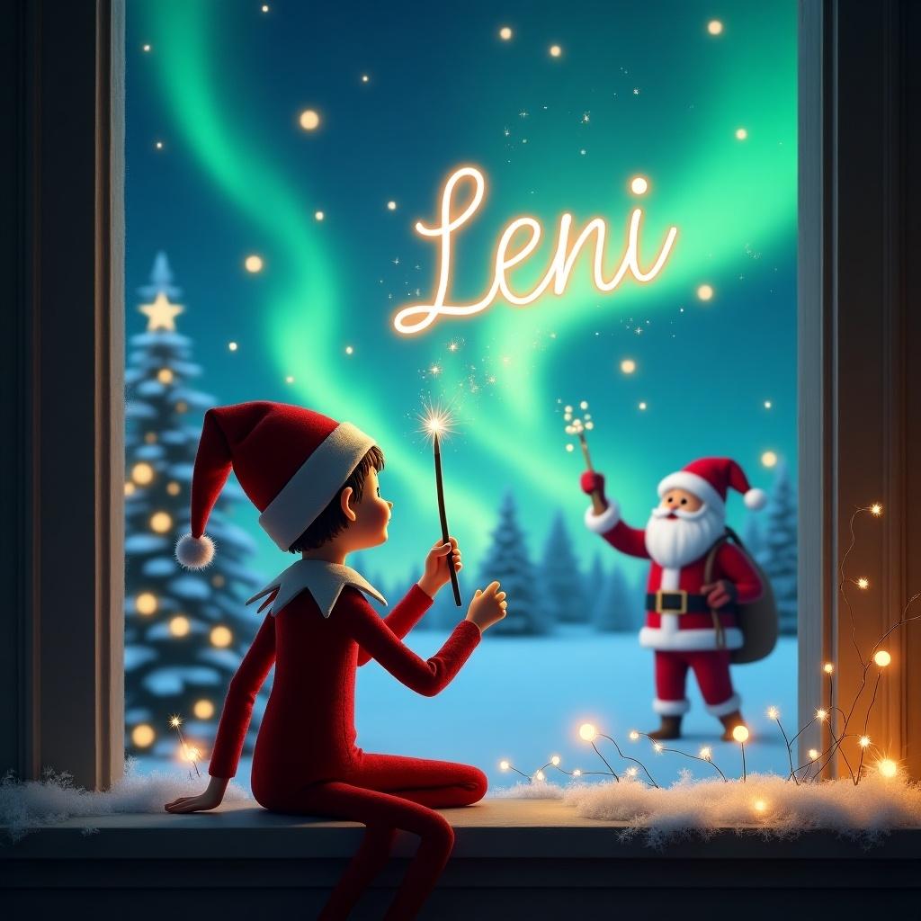 In a magical Christmas scene, an elf sits by a window with its back to us, facing the sky. The elf is using a wand to write the name 'Leni' in sparkling letters among the Northern Lights. Outside, Santa Claus can be seen waving back, enhancing the holiday spirit. The setting features decorated trees and twinkling lights, creating a cozy atmosphere. This enchanting scene captures the essence of Christmas magic.