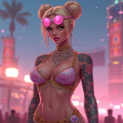 Anime character in 2145. Woman 59 years old. Emerald green eyes beautiful face. Oversized light blonde French bun. Wearing light pink diamond jewelry. Futuristic style. Half Japanese half Saiyan. Height 6'1. Big breasts muscular arms six pack abs. Light pink lipstick. Manicured toenails and fingernails. White eyeshadow piercings. Double belly button ring. Standing on a luxurious music festival stage. Traditional Japanese tattoos. Classy look with golden lotus prints. Cybernetic right leg. Wearing sexy streetwear. Nighttime at a music festival. Wearing diamond-encrusted sunglasses. Singing and rapping with backup dancers.