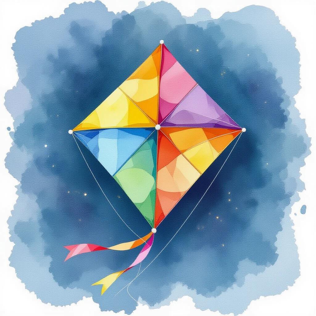 Watercolor illustration of a kite shape on white background. Bright and colorful design. Soft gradients and smooth edges. Ideal for children's decor.