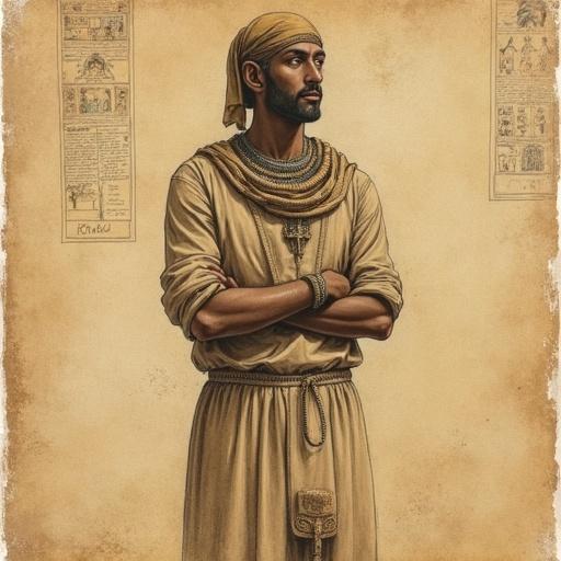 Vintage illustration style of a man with a muted color palette. The image is a pencil drawing featuring muted, flat colors. The background includes ancient manuscripts. The man has a prominent nose and big eyes. The overall texture resembles a mix of canvas and watercolor.