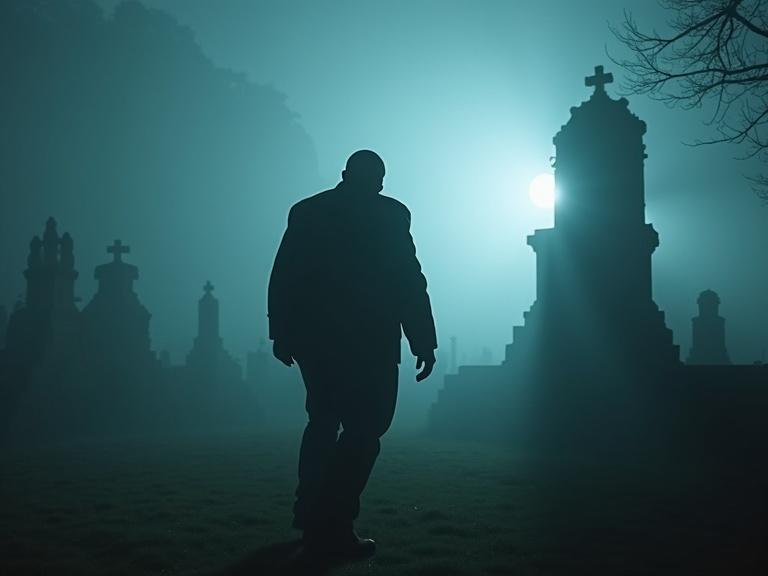 Foggy graveyard at midnight in Edinburgh. A silhouette of a man walking backward. Dramatic lighting highlights fog. Eerie atmosphere with thickening fog. Cinematic tension with grave markers in the background.