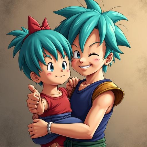 Anime girl with turquoise hair gives thumbs up smiles. Bright and cheerful background with green hills. She wears a red shirt. Appears joyful and excited.