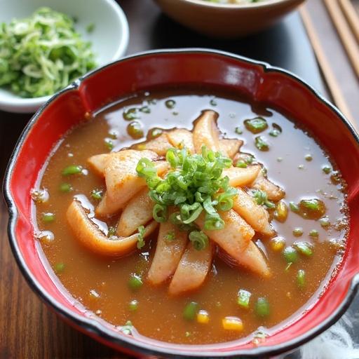 A bowl full of soup with sliced ingredients on top. Green onion is sprinkled as a garnish. The bowl is red and contains a flavorful broth. Other dishes are present in the background.