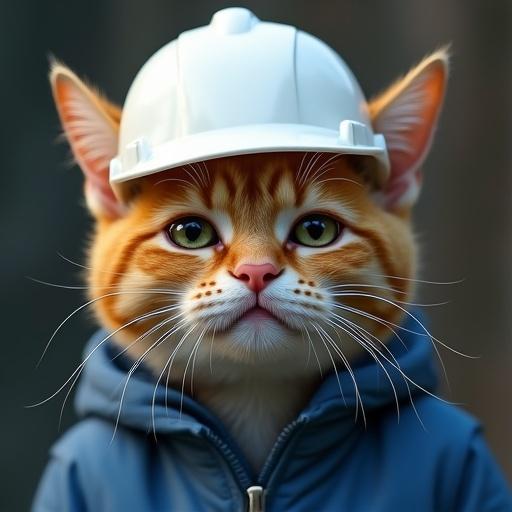 Cat with teary eyes and emotional expression. Cat wears a white hard hat and blue work jacket. Semi-realistic style. Tears streaming down cheeks.