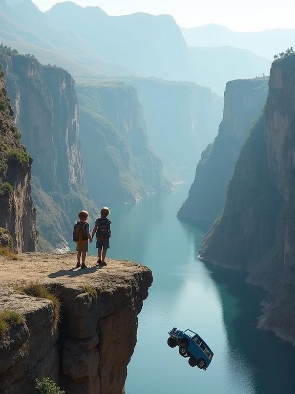 Two adventurous toddlers stand at the edge of a stunning canyon. They hold hands and gaze down at a calm river below. The area is surrounded by large cliffs and misty mountains. A small blue car is airborne, close to the cliff's edge, adding intrigue.
